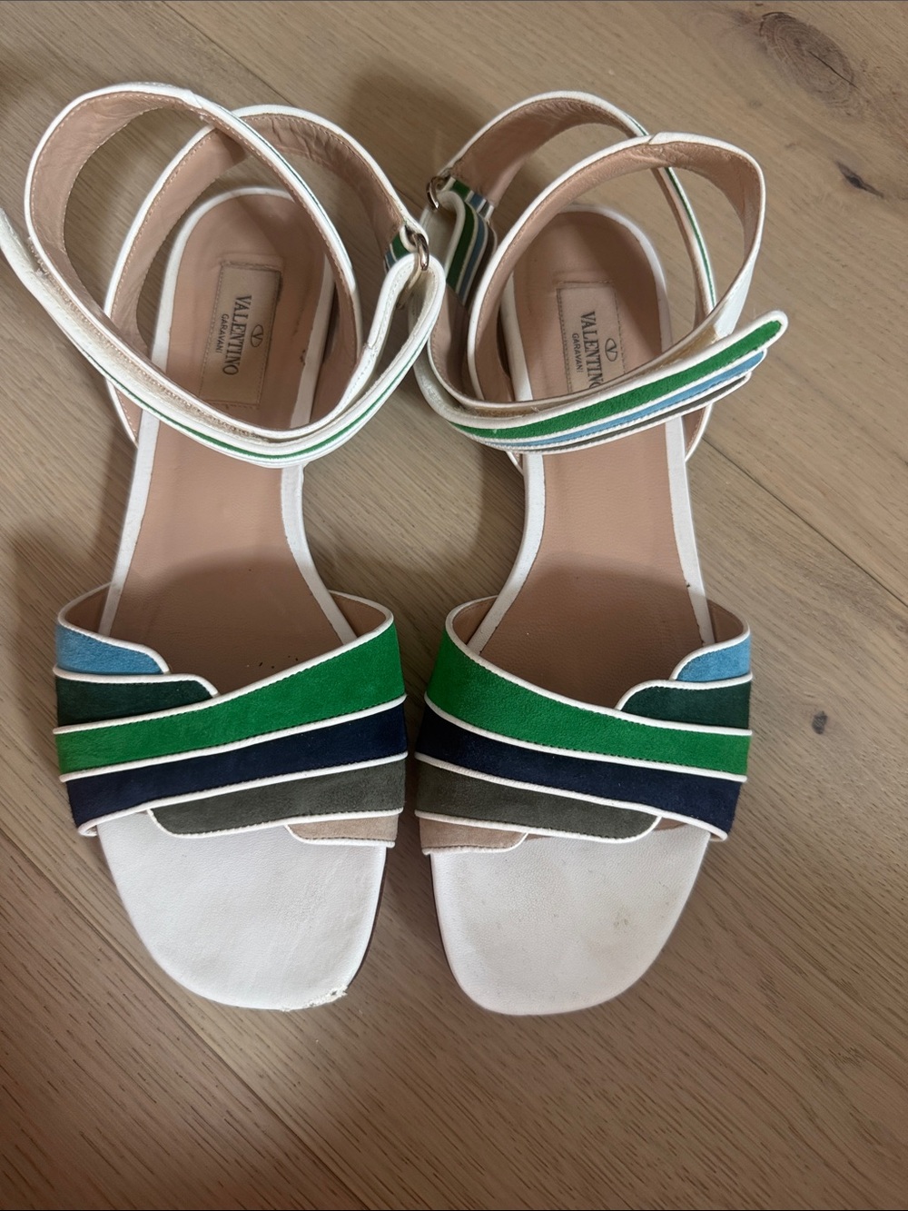 Valentino Garavani White Sandals with Green, Blue & Navy Straps